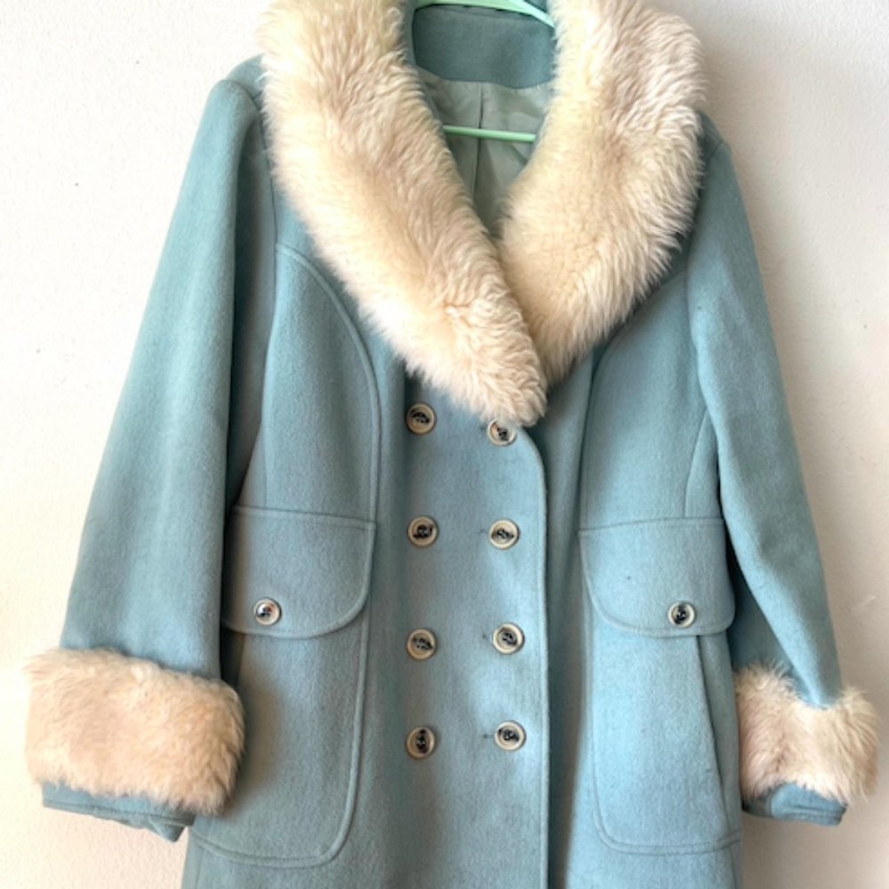 Vintage Sears Coat, Shearling Trim, Tiffany Blue